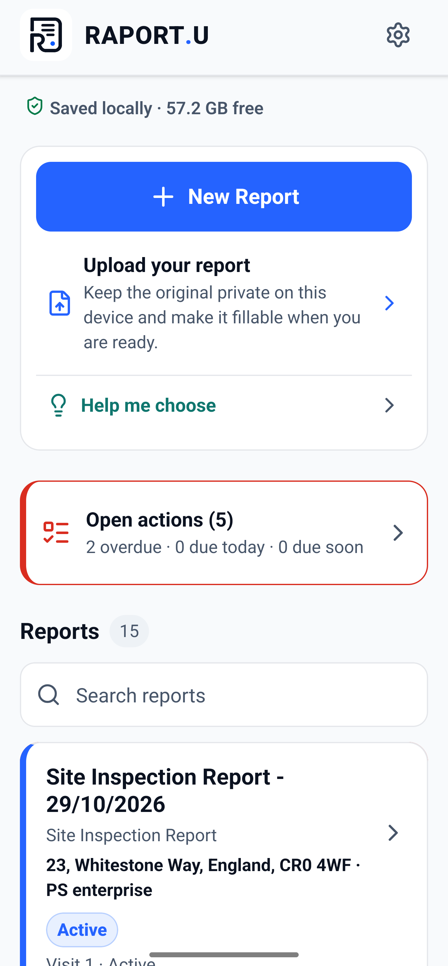 RAPORT.U Android home screen showing local storage, report creation and an active fictional site inspection report.